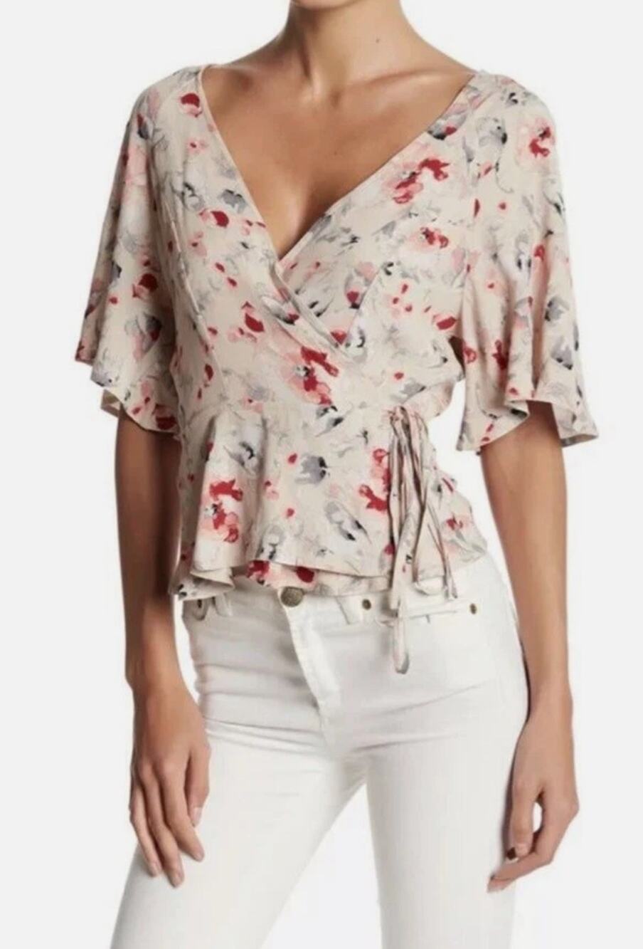 ASTR Sz M The Label Floral Flutter Sleeve Wrap Top Pink V-Neck Side Tie Boho